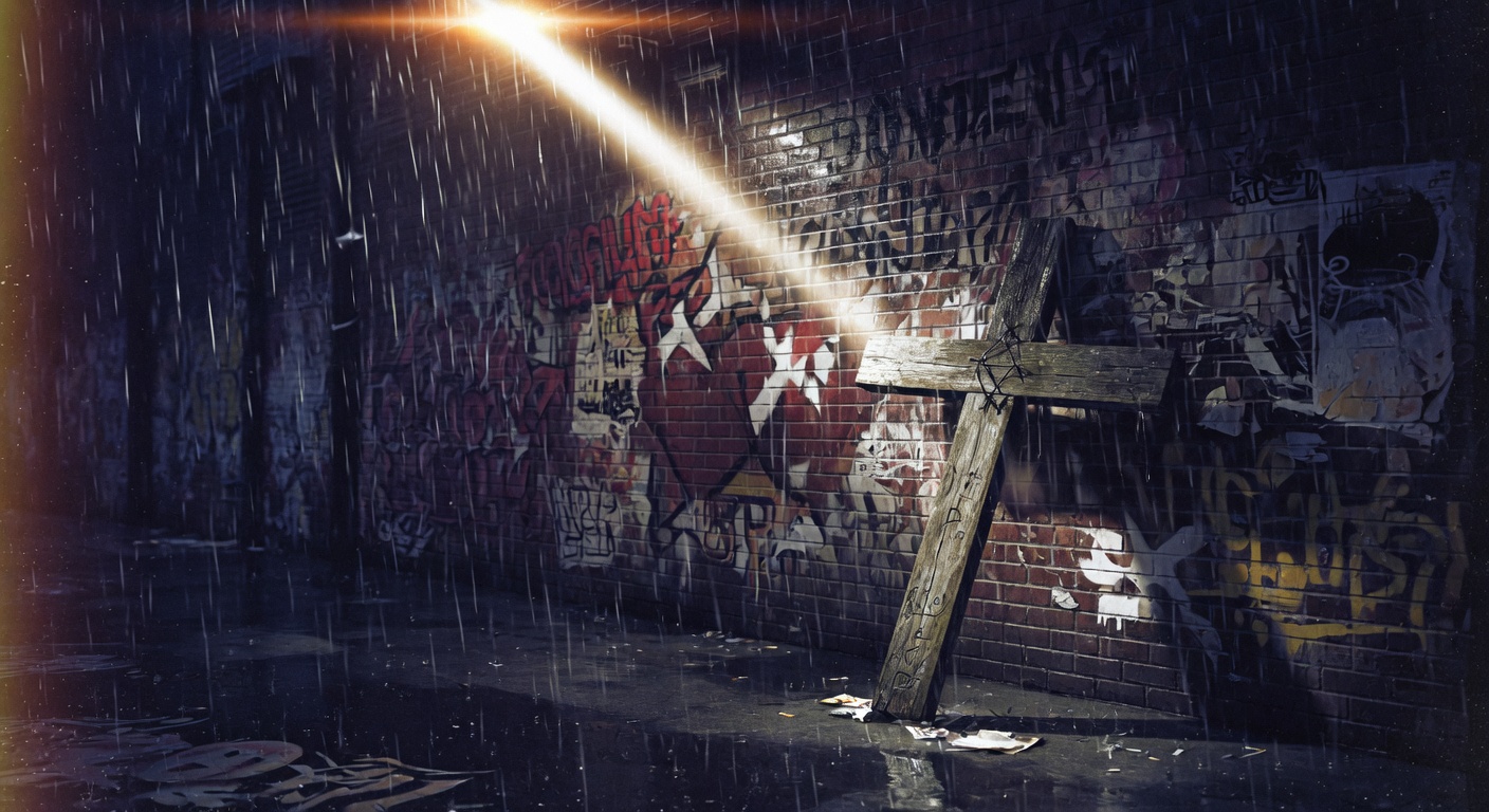 Dramatic beam of light illuminating a cross in a gritty rainy urban alley at night